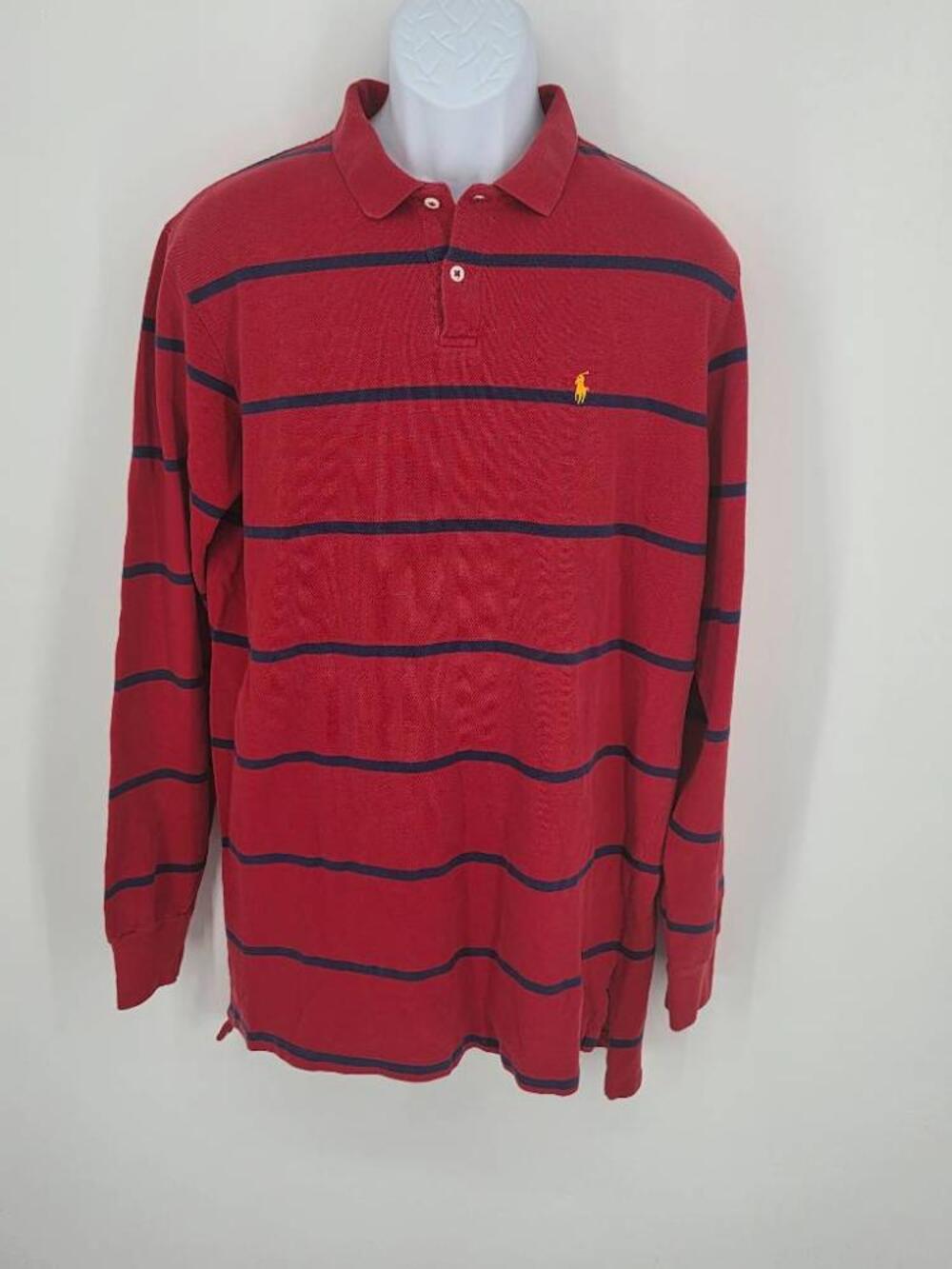 Polo Ralph Lauren Vintage Mens XL Red Striped Long Sleeve Polo Shirt 90s USA